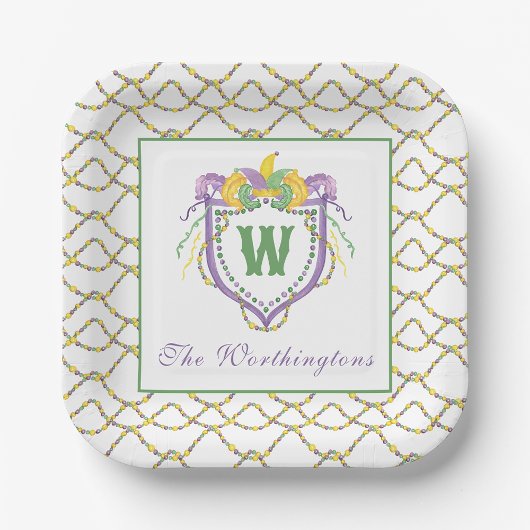 Assiettes En Carton Watercolor Mardi Gras Monogram Crest