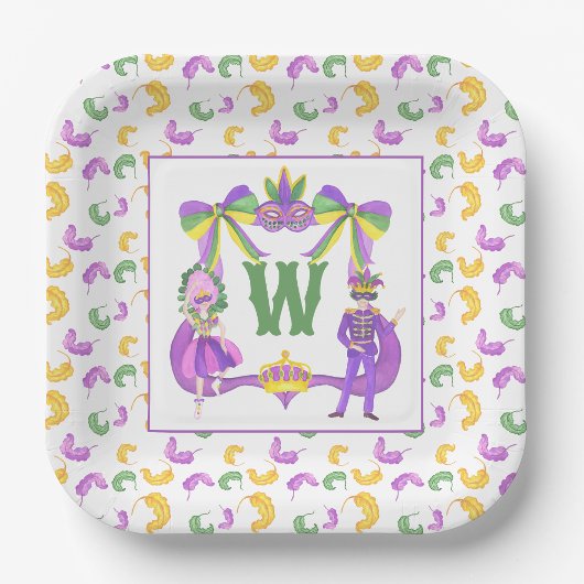 Assiettes En Carton Watercolor Mardi Gras Monogram Crest