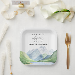 Assiettes En Carton Watercolor montagnes - Laissez l'aventure commence