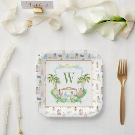 Assiettes En Carton Watercolor Nativity Monogram Crest Christmas (Mariage)