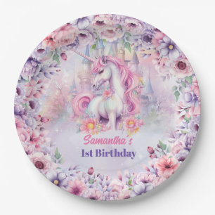 Assiettes En Carton Watercolor Pastel Unicorn et Fairytale Castle