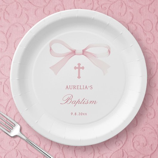 Assiettes En Carton Watercolor Pink Bow Baptism