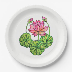 Assiettes En Carton Watercolor Pink Lotus with Buds & Leaves