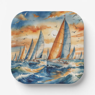 Assiettes En Carton Watercolor Sailboat Regatta