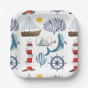 Assiettes En Carton Watercolor Sea Ship, Baby shower marin de baleine