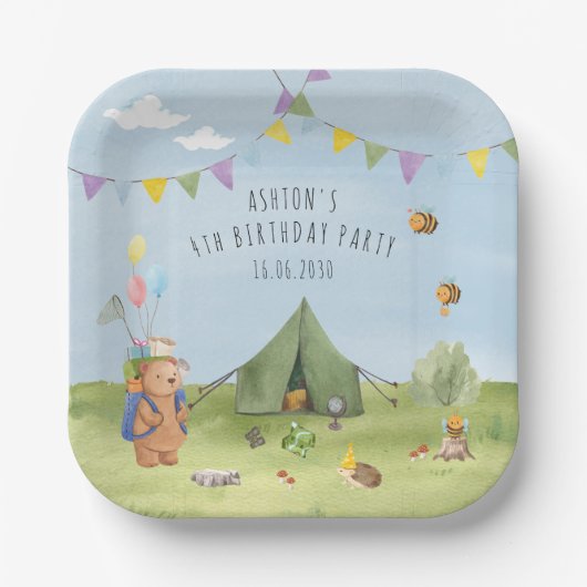Assiettes En Carton Watercolor Teddy Bear, Adventure birthday (Recto)