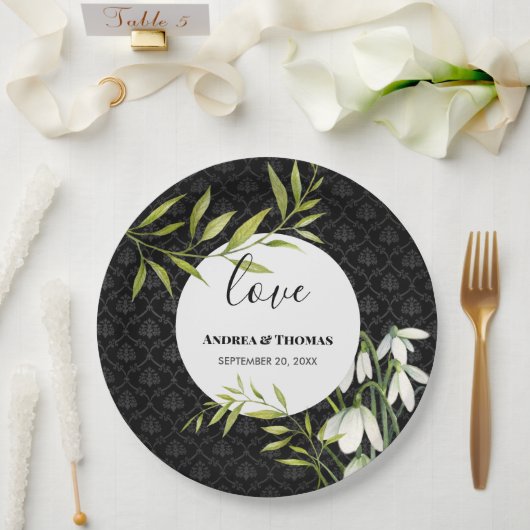 Assiettes En Carton Watercolor White Snowdrops et Laurel Damask (Mariage)