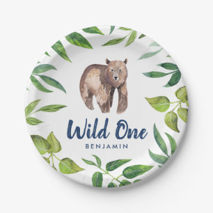 Assiettes En Carton Watercolor Wild One Bear First Birthday  Blanc