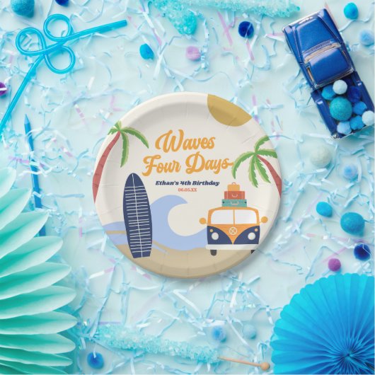 Assiettes En Carton Waves Four Days Surf Board Blue 4th Birthday Party (Fête)