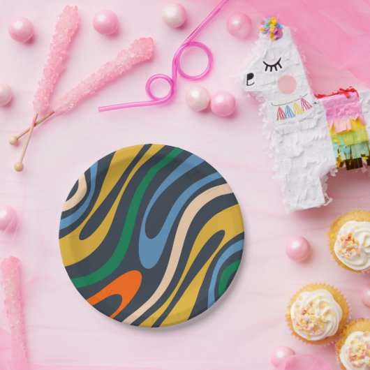 Assiettes En Carton Wavy Loops Retro Moderne Motif Abstrait (Fête)
