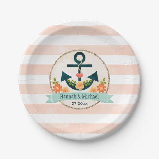 Assiettes En Carton Wedding shower d'Ancres nautiques de Corail et de  (Devant)