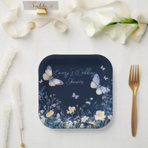 Assiettes En Carton Wedding shower de papillons floraux bleus et blanc