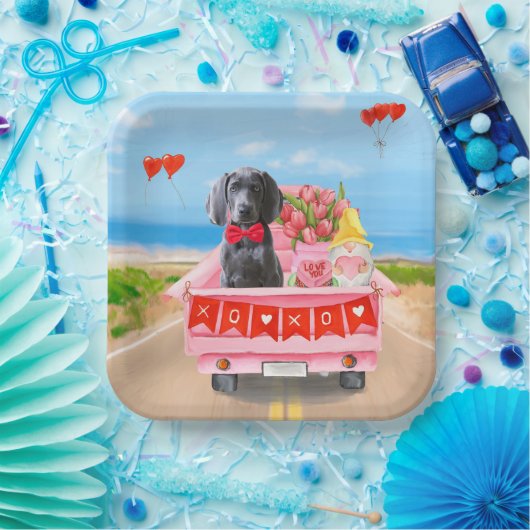 Assiettes En Carton Weimaraner Chien Valentine's Day Coeurs de camion (Fête)