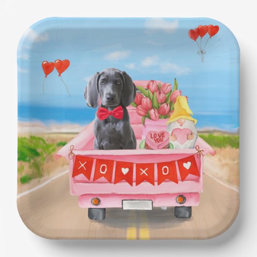 Assiettes En Carton Weimaraner Chien Valentine's Day Coeurs de camion (Recto)