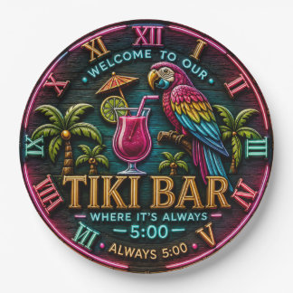 Assiettes En Carton Welcome to Our Tiki Bar Neon Tropical Parrot