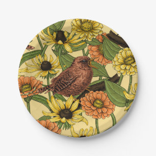 Assiettes En Carton Wens et fleurs sur jaune pâle