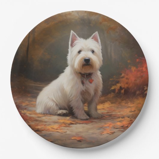 Assiettes En Carton West Highland White Terrier à l'automne Leaves aut (Devant)