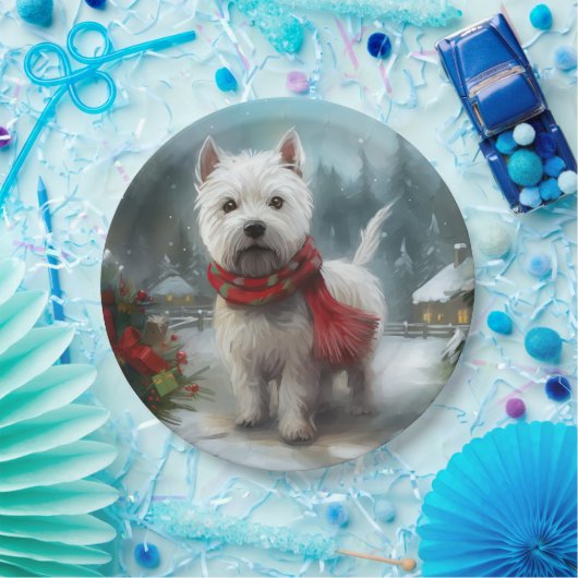 Assiettes En Carton West Highland White Terrier Dog dans la neige Noël (Fête)