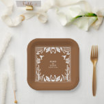 Assiettes En Carton Western Country Cowboy Rustique Mariage<br><div class="desc">Un design moderne de cowboy occidental avec des éléments dessinés à la main d'un crâne de vache, des fers à cheval, des ornements floraux et des cactus. Le design Brown et blanc de la bordure fleurie mariage est composé de fleurs dessinées à la main, de cactus, de crâne de vache...</div>