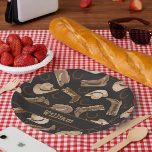 Assiettes En Carton Western Cowboy Cowgirl Boots Casquettes Brown Nom