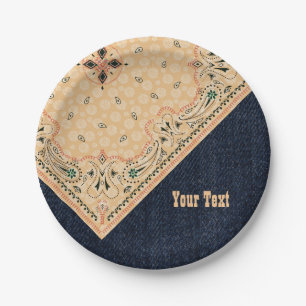 Assiettes En Carton Western Paisley Gold Bandana Print Denim Party 7"