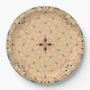 Assiettes En Carton Western Paisley Gold Bandana Print Party 9"