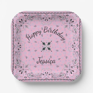 Assiettes En Carton Western Paisley Pink Bandana Print Party Custom 7"