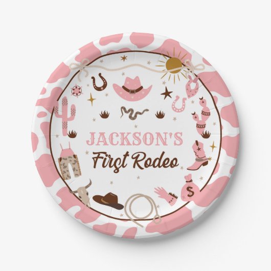 Assiettes En Carton Western Premier Rodéo fille 1er Anniversaire rose (Devant)