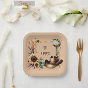 Assiettes En Carton Western Rustic Mariage M. & Mme 7 Pouce Carré