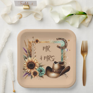 Assiettes En Carton Western Rustic Mariage M. & Mme 9 Pouce Carré