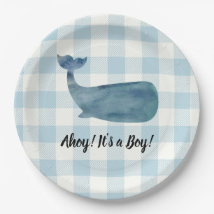 Assiettes En Carton Whale Blue En vichy Baby shower Ahoy c'est un garç