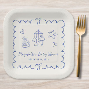 Assiettes En Carton Whimsical Blue Wavy Frame Baby Boy Douche