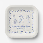 Assiettes En Carton Whimsical Blue Wavy Frame Baby Boy Douche (Recto)