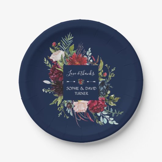 Assiettes En Carton Whimsical Burgundy Blush Flowers Mariage bleu mari (Devant)