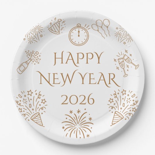 Assiettes En Carton Whimsical Doodles Gold Happy New Year 2026 (Devant)