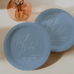 Assiettes En Carton Whimsical Dusty Bleu Bonjour bébé! Baby shower<br><div class="desc">Présentez notre chatte bleu salope fantastique! Plaques en papier baby shower, parfait pour votre simple fête de printemps ou d'hiver boho moderne! Cette serviette a une ambiance boho-chic avec une calligraphie élégante et un design minimaliste blanc sur bleu, ce qui en fait l'idéal pour les garçons. De plus, il est...</div>