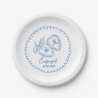 Assiettes En Carton Whimsical Engaged Couple Blue Hearts Trendy Doodle