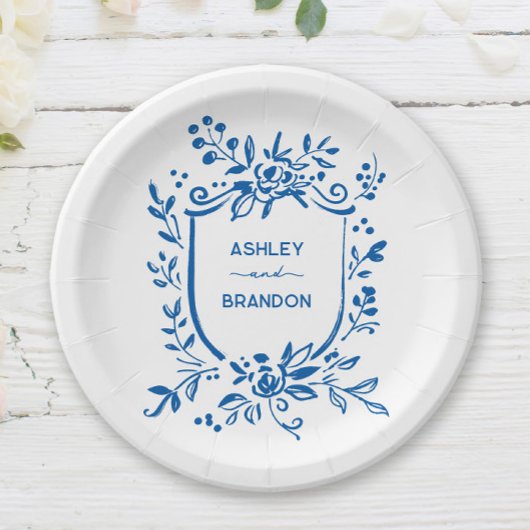 Assiettes En Carton Whimsical French Blue Botanical Crest Wedding