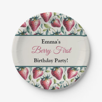 Assiettes En Carton Whimsical Green Strawberry Nom de l'anniversaire