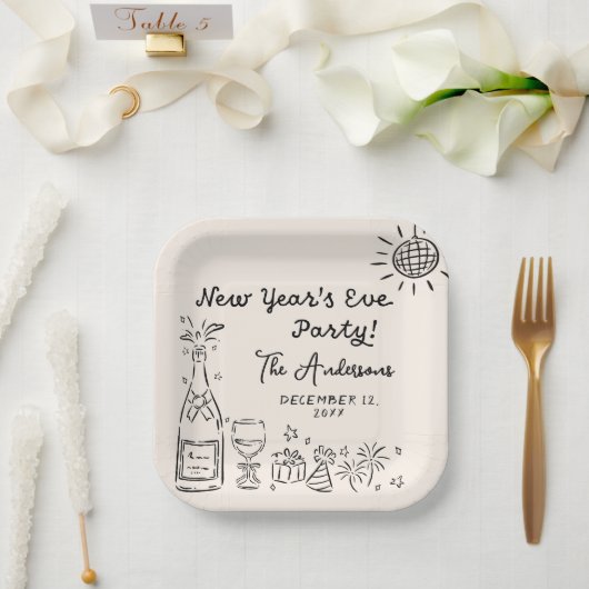 Assiettes En Carton Whimsical Hand Drawn New Year's Eve Party (Mariage)