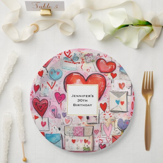 Assiettes En Carton Whimsical Hearts and Love Letters Motif Anniversai (Mariage)