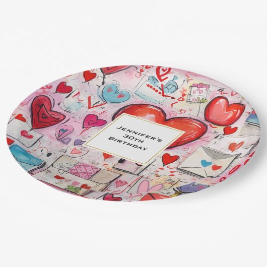 Assiettes En Carton Whimsical Hearts and Love Letters Motif Anniversai (Angle)
