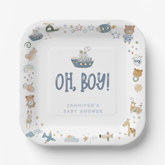 Assiettes En Carton Whimsical Oh Boy Aquarelle Doodle Baby shower (Recto)