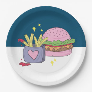 Assiettes En Carton Whimsical Pink Burger et Fries fête d'anniversaire