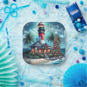 Assiettes En Carton Whimsical Tropical Christmas Lighthouse Turquoise