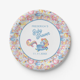 Assiettes En Carton Whimsical Unicorns Boy Baby Shower