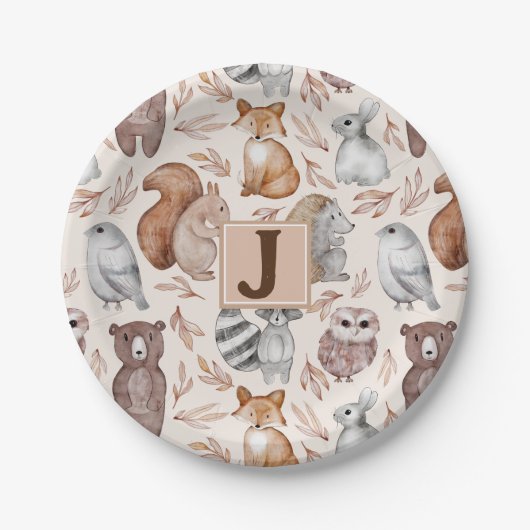 Assiettes En Carton Whimsical Woodland Animaux Monogrammes (Devant)