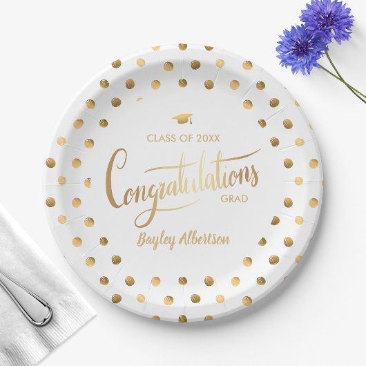 Assiettes En Carton White and Gold Polka Dot Congrats Grad Grad Grad G
