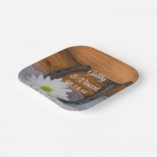 Assiettes En Carton White Daisy and Horseshoe Country Western Mariage (Angulaire)