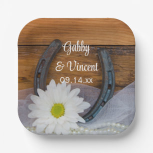 Assiettes En Carton White Daisy and Horseshoe Country Western Mariage